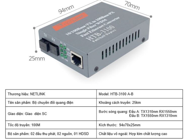 Bộ chuyển đổi quang điện 10/100M Single Fiber Netlink HTB-3100AB (1 Sợi quang)