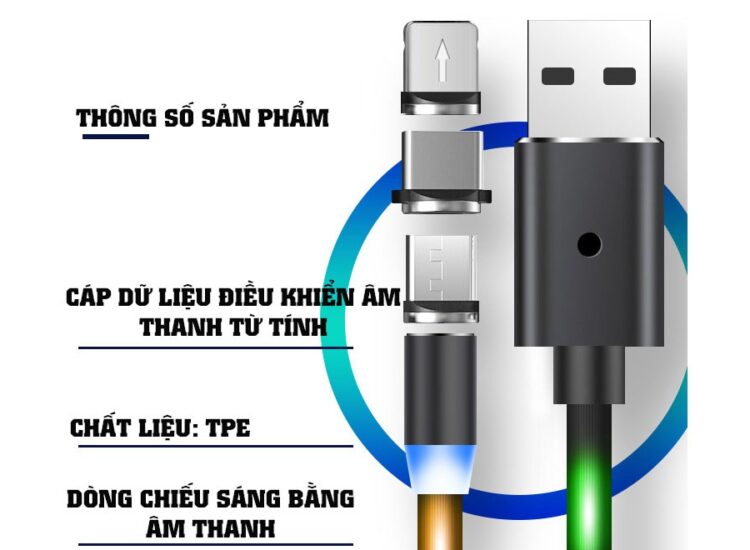 Dây Cáp Sạc Có Đèn Led Cảm Ứng Âm Thanh, đầu hit nam châm nhấp nháy, Dây chất liệu TPE đàn hồi cao, bọc nhựa PVC cao cấp, giúp tránh gập, xoắn rối, đèn phát sáng theo âm thanh, 1 dây 3 đầu hít: MicroUSB  , Lightning , type C – SC501